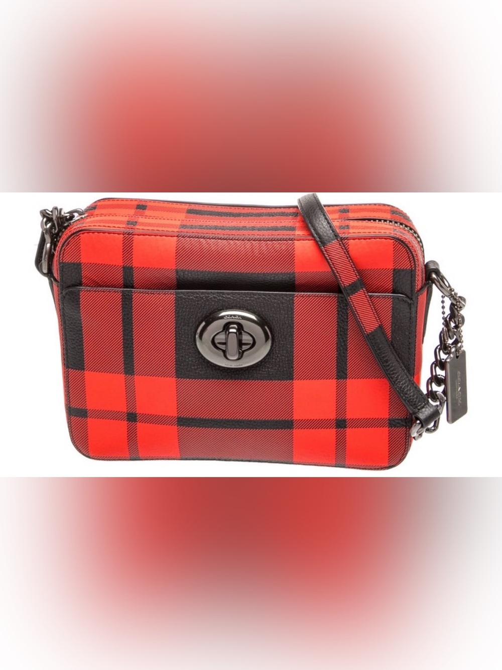 Coach Red and Black Plaid Crossbody Camera Bag